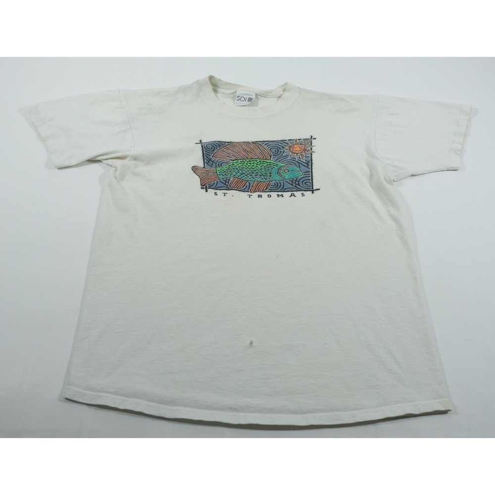 SDI T-Shirt Mens XL White‎ St. Thomas Fish Graphic Vintage 90s Short Sleeve Tee